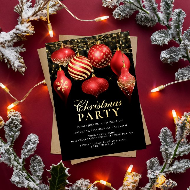 Elegantes Rotes Party Folieneinladung (Elegant Red Gold Ornaments Christmas Party Foil Foil Invitation)