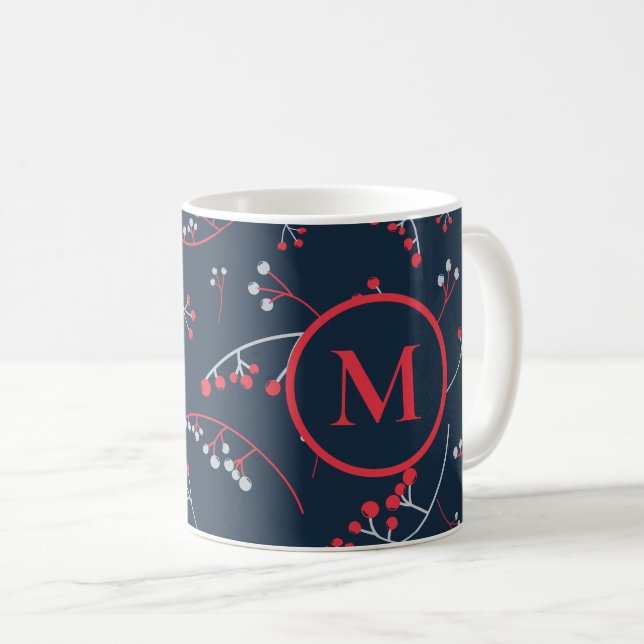 Elegantes rotes Pastellgraubeermuster auf Monogram Kaffeetasse (VorderseiteRechts)