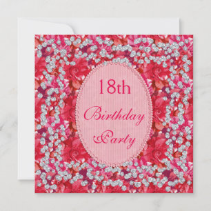Elegantes Rotes/Rosa mit Blumen u. Diamant-18. Einladung