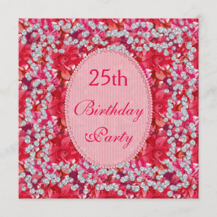Elegantes Rotes/Rosa mit Blumen u. Diamant-25. Einladung