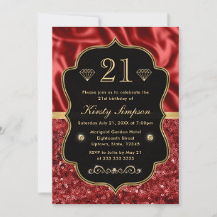 Elegantes rotes Satin- und Glitter-Goldrahmen-Gebu Einladung