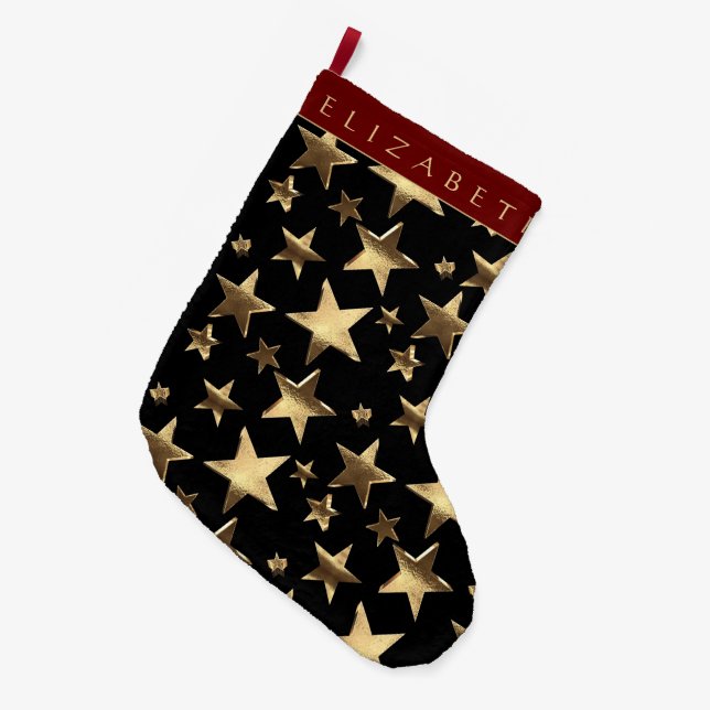 Elegantes rotes Schwarz-Gold-Sterne-Muster mit Nam Großer Weihnachtsstrumpf (Vorderansicht (hängend))