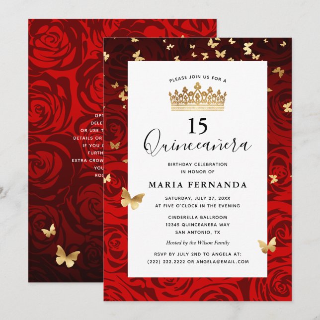 Elegantes Rotes Schwarzes Gold Krone Flora Quincea Einladung (Vorne/Hinten)