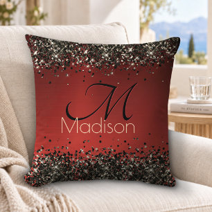 Elegantes rotes schwarzes goldenes Glitter-Monogra Kissen