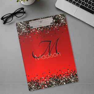 Elegantes rotes schwarzes goldenes Glitter-Monogra Klemmbrett