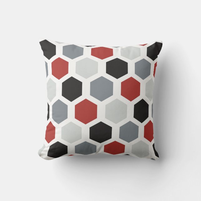 Elegantes, rotes, schwarzes und graues Hexagon-Mus Kissen (Vorderseite)