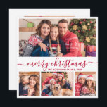 Elegantes rotes Script 4 Foto Collage Weihnachten<br><div class="desc">Moderne Minimalistische Elegant White and Red "Merry Christmas" Script 4 Foto Collage Holiday Card. Diese festliche, skurrile Mimimalistin, vier (4) Foto-Urlaubskarte Vorlage zeigt eine hübsche Foto-Collage und sagt "Frohe Weihnachten"! Der "Frohe Weihnachten"-Grußtext ist in einer schönen Hand geschrieben, Wirble Swash-Schwanz-Schriftart Typ Kalligraphie oder Typografie in rot auf weißem Hintergrund. Auf...</div>