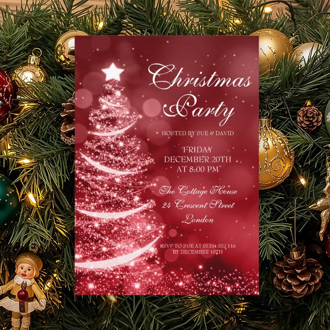 Elegantes Rotes & Silberes Weihnachtsfest Party Sp Einladung (Elegant Red & Silver Christmas Party Sparkle Invitation)