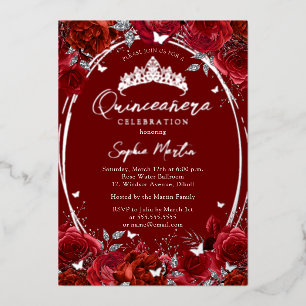 Elegantes rotes silbernes Blumen-Quinceanera Folieneinladung