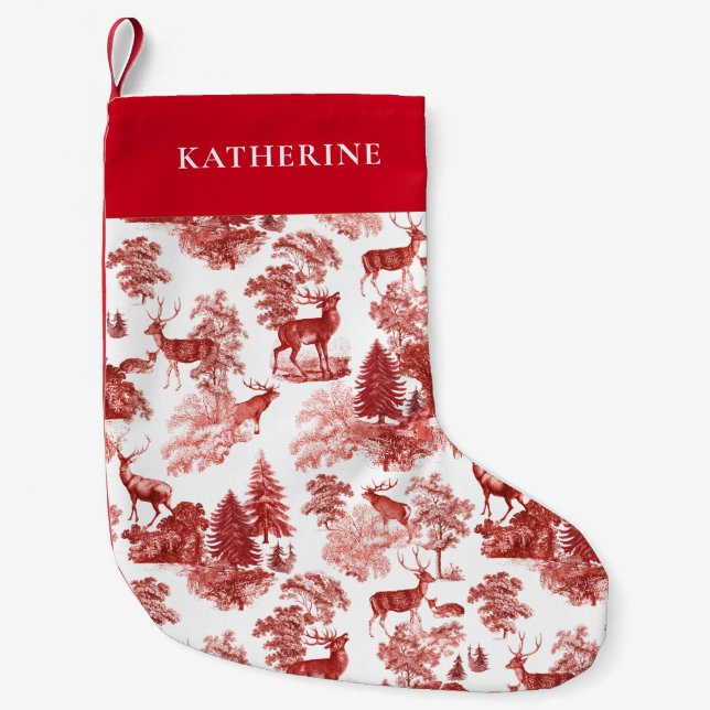 Elegantes Rotes Toile Deer in Woodland Kleiner Weihnachtsstrumpf (Vorderseite)