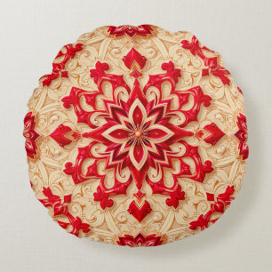 Elegantes rotes und Beige Ziermuster Rundes Kissen