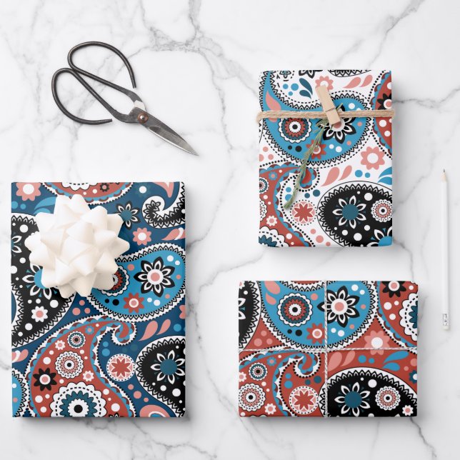 Elegantes rotes und blaues Weihnachtsgeschmacksmus Geschenkpapier Set (Vorderseite)