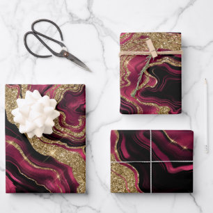 Elegantes rotes und goldenes Glitter-Achat-Geburts Geschenkpapier Set