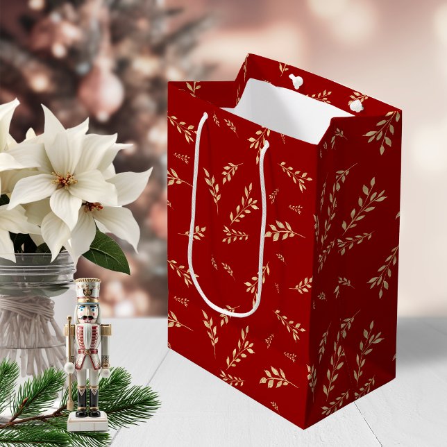 Elegantes rotes und goldenes Muster Mittlere Geschenktüte (Elegant Red and Gold Foil Botanical Pattern Medium Gift Bag)