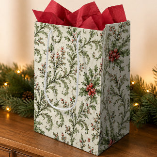 Elegantes rotes und grünes Laub für die Feiertage Mittlere Geschenktüte
