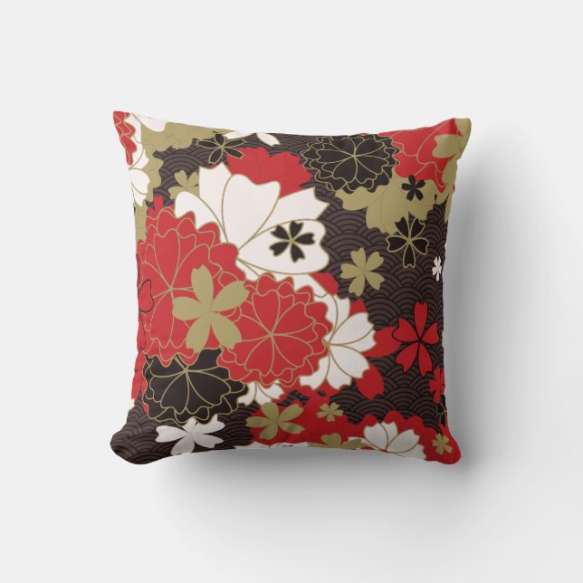 Elegantes rotes und schwarzes Blumenmuster Kissen (Vorderseite)