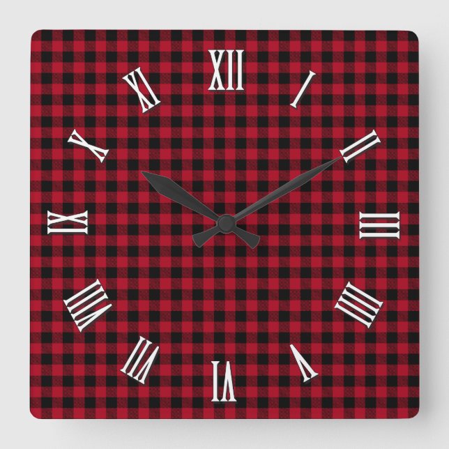 Elegantes rotes und schwarzes Büffel kariert, kari Quadratische Wanduhr (Vorderseite)