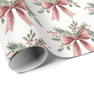 Elegantes rotes Wasserfarben-Stechpalmen-Schleifen Geschenkpapier