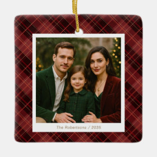 Elegantes rotes Weihnachts-Kariert-Familienfoto Keramikornament