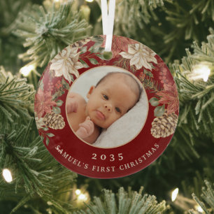 Elegantes rotes Weihnachtsfoto vom ersten Weihnach Ornament Aus Glas