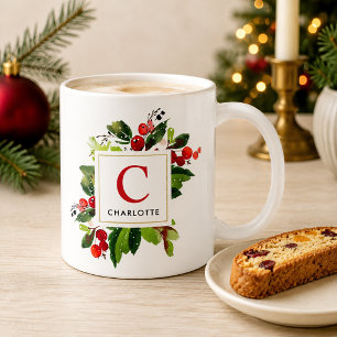 Elegantes rotes Weihnachtsgrün-Monogramm Kaffeetasse