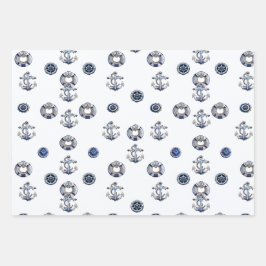 Elegantes rotes Weiß- und blaues Nautikthema Geschenkpapier Set