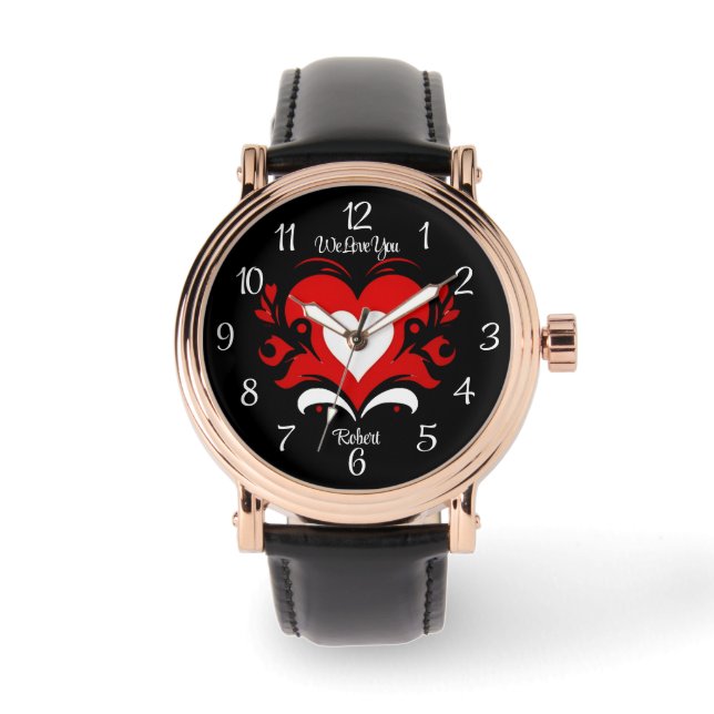 Elegantes, rotes, weißes Herz gegen Schwarz & Text Armbanduhr (Vorderseite)