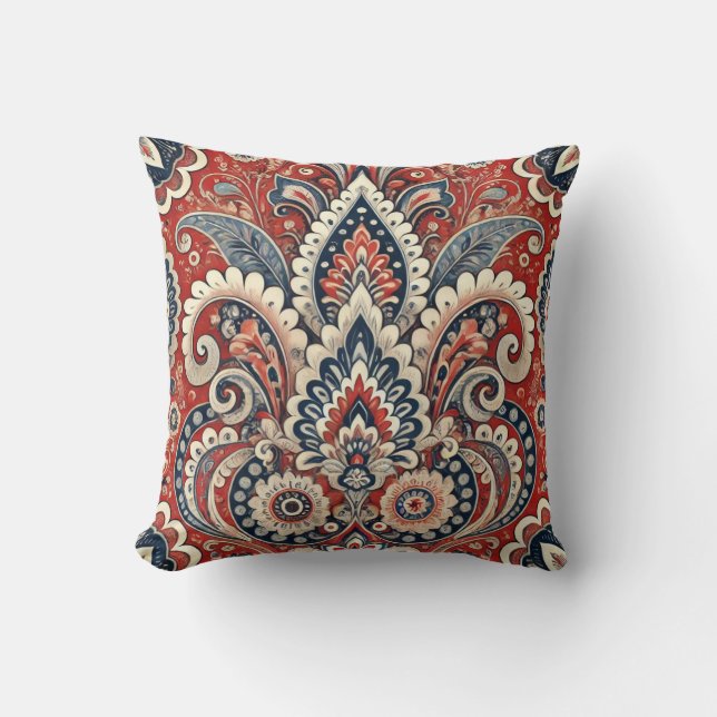 Elegantes rotes, weißes und blaues Paisley-Muster Kissen (Vorderseite)
