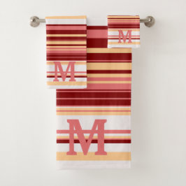 Elegantes rotes weißes und rosa Streifen Monogramm Badhandtuch Set