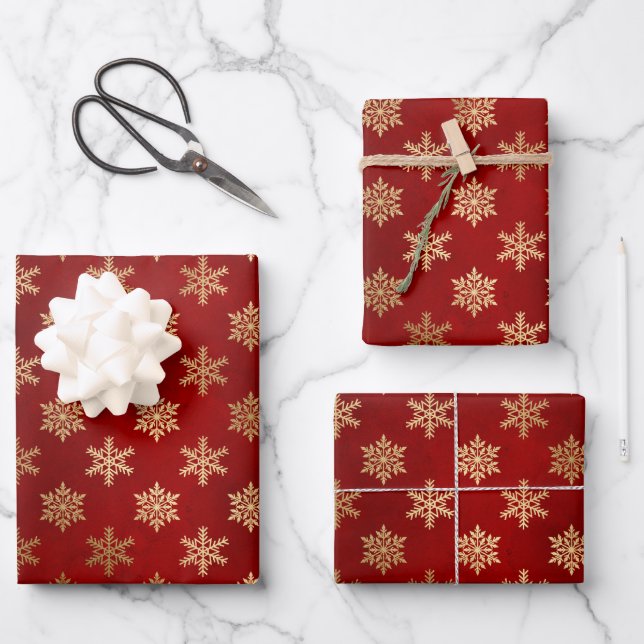 Elegantes Rotgold-Schneeflocken-Muster Weihnachten Geschenkpapier Set (Vorderseite)