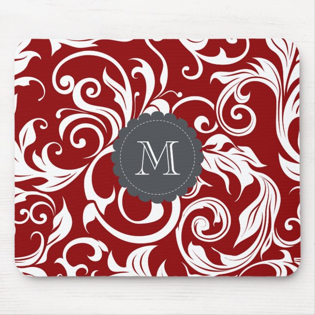 Elegantes Rotwein-Monogramm-Blumentapete Mousepad (Vorne)