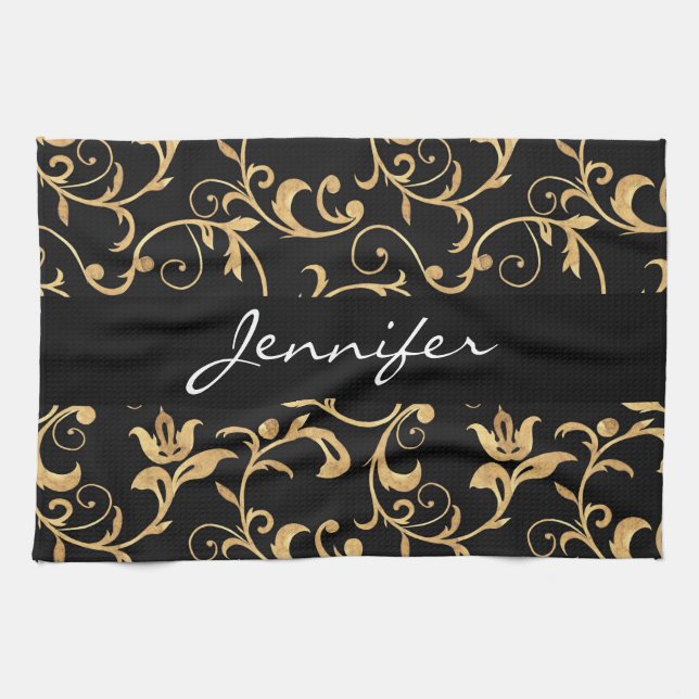 Elegantes Royal Black and Gold Damask Küchentuch (Horizontal)