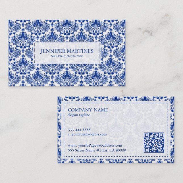 Elegantes Royal Blue and White Damaskus-Muster Visitenkarte (Vorne/Hinten)