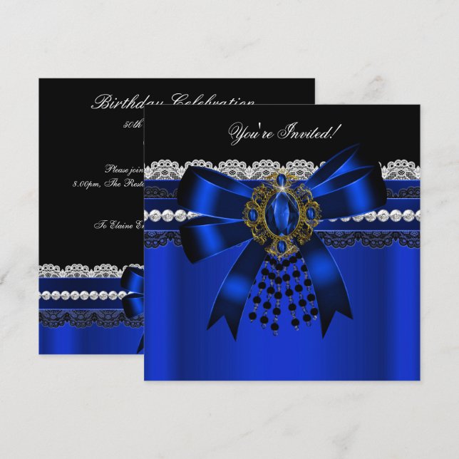 Elegantes Royal Blue Black Diamond Gold Lace Party Einladung (Vorne/Hinten)