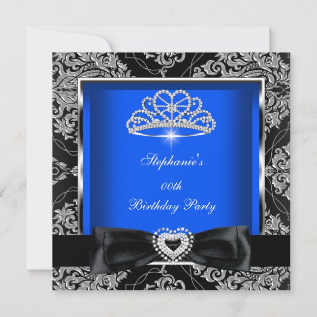 Elegantes Royal Blue Damask Silver Black Party Einladung (Vorderseite)
