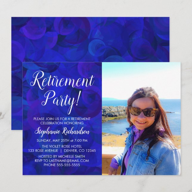 Elegantes Royal Blue Foto Retirement Party Einladung (Vorne/Hinten)