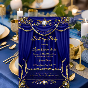 Elegantes Royal Blue Gold Pearl Drapes Party Einladung