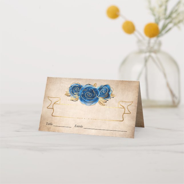 Elegantes Royal Blue Rose Gold Crown Parchment Platzkarte (Vorderseite)