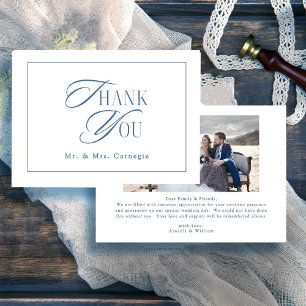 Elegantes Royal Blue Script Wedding Foto Dankeskarte
