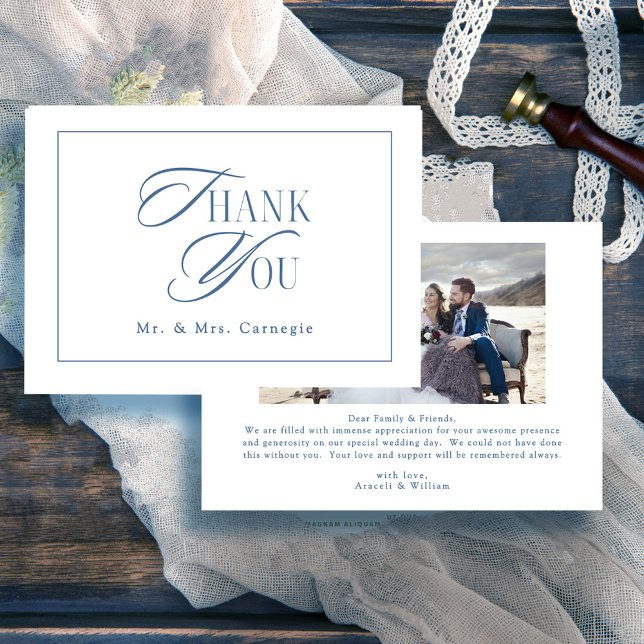 Elegantes Royal Blue Script Wedding Foto Dankeskarte (Von Creator hochgeladen)