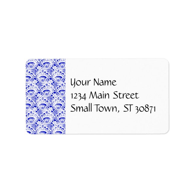 Elegantes Royal Blue White Lace Damask Muster Adressaufkleber (Vorne)