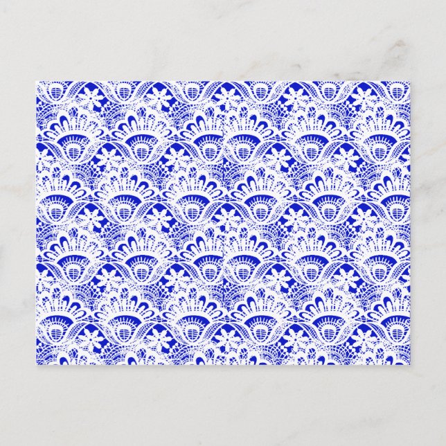 Elegantes Royal Blue White Lace Damask Muster Postkarte (Vorderseite)