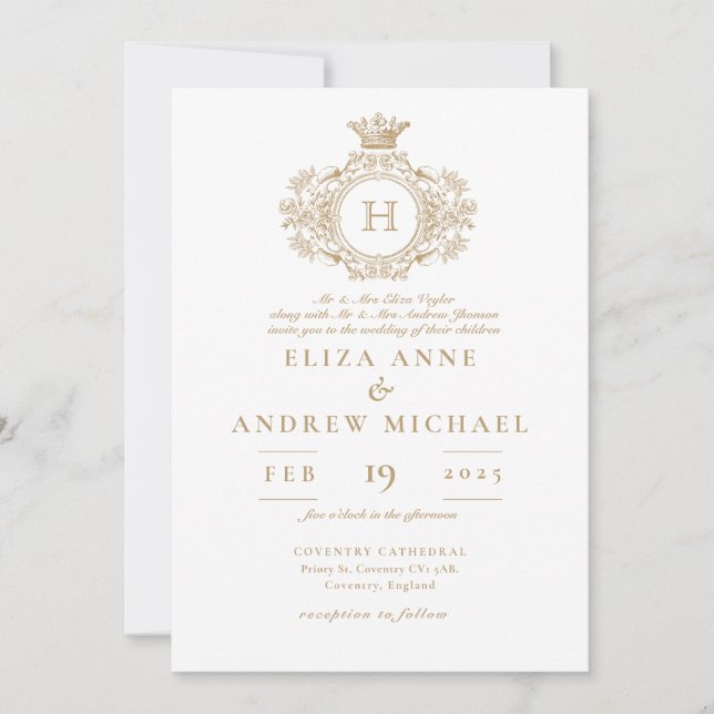 Elegantes Royal Gold Monogram Wappen Wedding Einladung (Vorderseite)