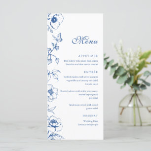 Elegantes Royalblaues Blumengarten-Hochzeits-Menü Menükarte