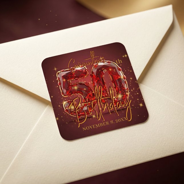 Elegantes Rubinrot Gold Jubiläumsgeschenk 50. Gebu Quadratischer Aufkleber (Von Creator hochgeladen)