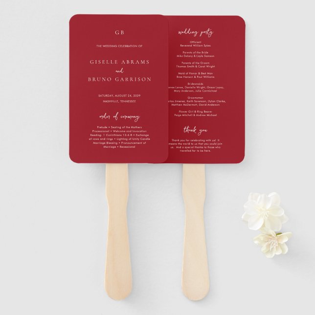 Elegantes Rubintotes Modernes Hochzeitsprogramm Fächer (Vorne und Hinten)