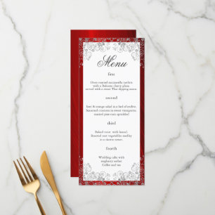 Elegantes Ruby Red Four Courses Wedding Menu Menükarte