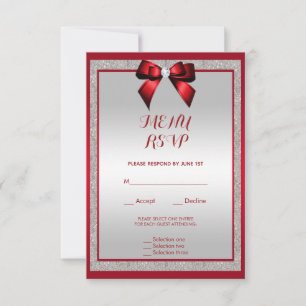Elegantes Ruby Red & Silver Glitzer Wedding Menu RSVP Karte