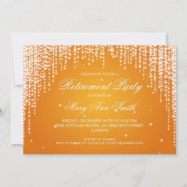 Elegantes Ruhestand Party Night Dazzle Orange Einladung (Vorderseite)