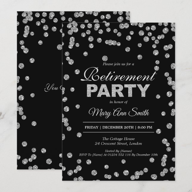 Elegantes Ruhestand Party Silver Glitzer Confetti Einladung (Vorne/Hinten)